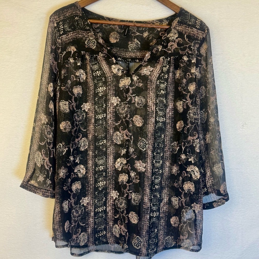 Maurices Black Brown Floral Sheer Blouse size Large EUC